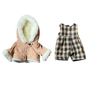Stuffed Bear Outfit: Plaid Jumpsuit & Button Suede Jacket w/Hood & Furry Lining